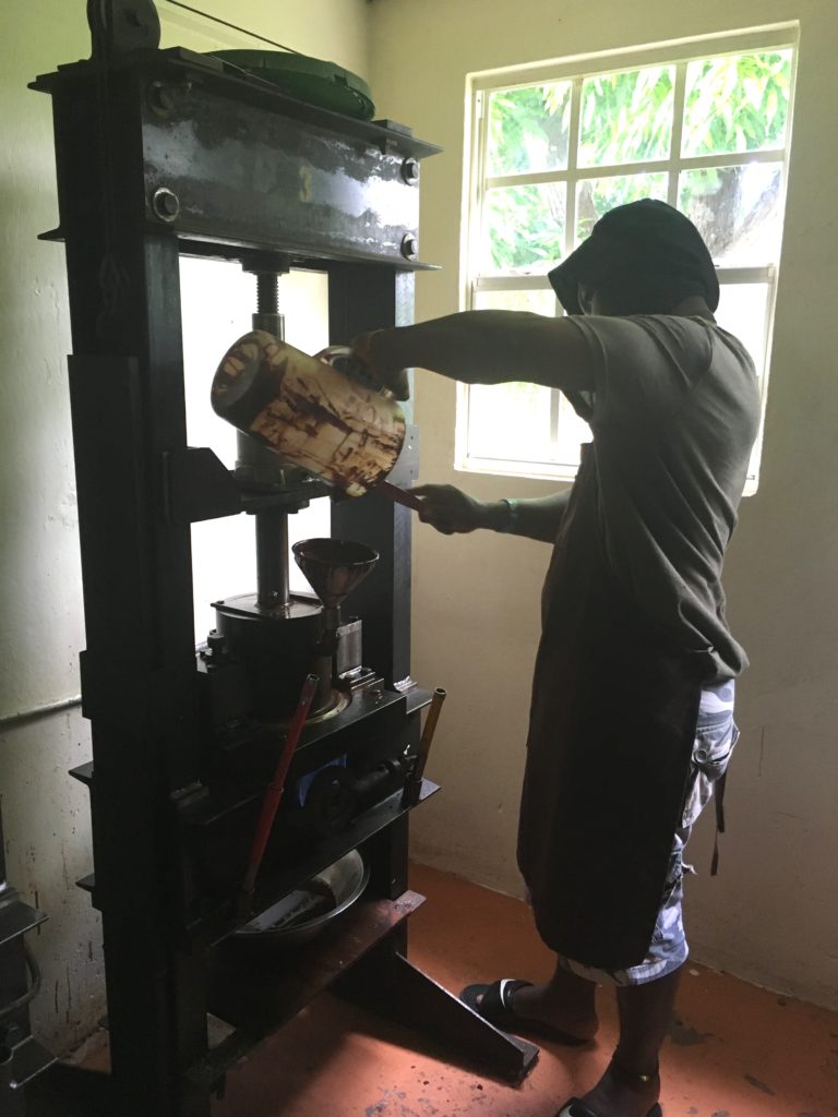 Presse à beurre de cacao.